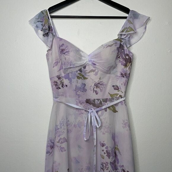 Marchesa Lilac Floral Chiffon Gown with Ruffle Cami Straps and Waist Tie Sz 0 - Picture 6 of 14